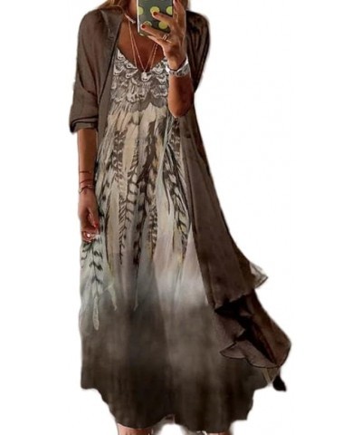 Women Casual Two-Piece Set Boho Floral Print Maxi Dress with Cardigan Irregular Hem Flowy Loose Wedding Guest Dress Floral Pr...