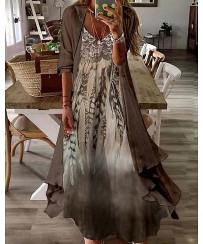 Women Casual Two-Piece Set Boho Floral Print Maxi Dress with Cardigan Irregular Hem Flowy Loose Wedding Guest Dress Floral Pr...