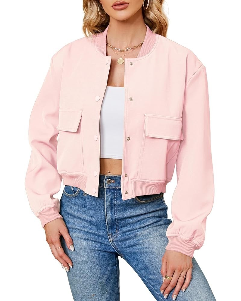 Womens Bomber Jacket Fashion Short Cropped Jacket Casual Jackets for Women Varsity Jacket with Pockets Spring Fall Pink $17.1...