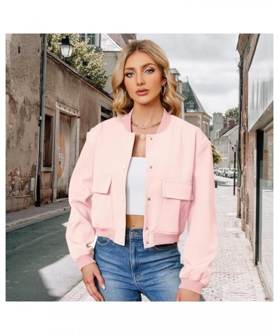 Womens Bomber Jacket Fashion Short Cropped Jacket Casual Jackets for Women Varsity Jacket with Pockets Spring Fall Pink $17.1...