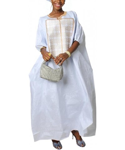 Loose African Dresses for Women, Bazin Riche Bat Sleeves Maxi Dress with Scarf White1 $31.24 Dresses