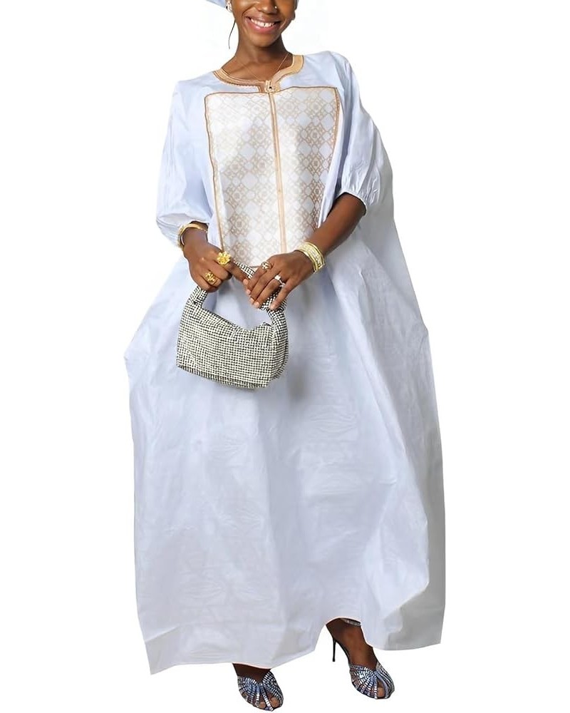 Loose African Dresses for Women, Bazin Riche Bat Sleeves Maxi Dress with Scarf White1 $31.24 Dresses