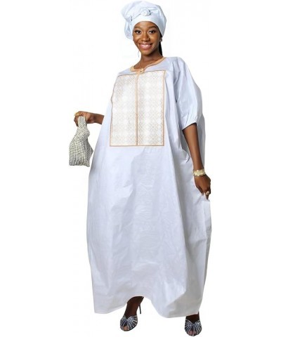 Loose African Dresses for Women, Bazin Riche Bat Sleeves Maxi Dress with Scarf White1 $31.24 Dresses