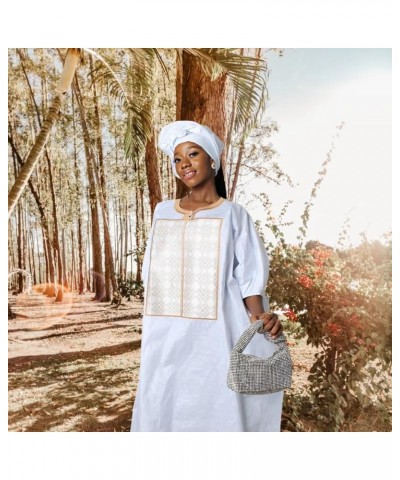 Loose African Dresses for Women, Bazin Riche Bat Sleeves Maxi Dress with Scarf White1 $31.24 Dresses