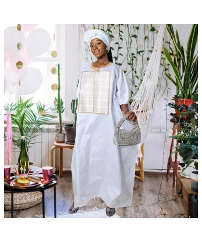 Loose African Dresses for Women, Bazin Riche Bat Sleeves Maxi Dress with Scarf White1 $31.24 Dresses