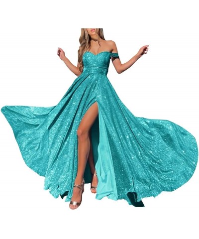 V-Neck Sparkly Prom Dresses Off Shoulder A Line Glitter Formal Evening Party Gowns for Women Turquoise $30.66 Dresses