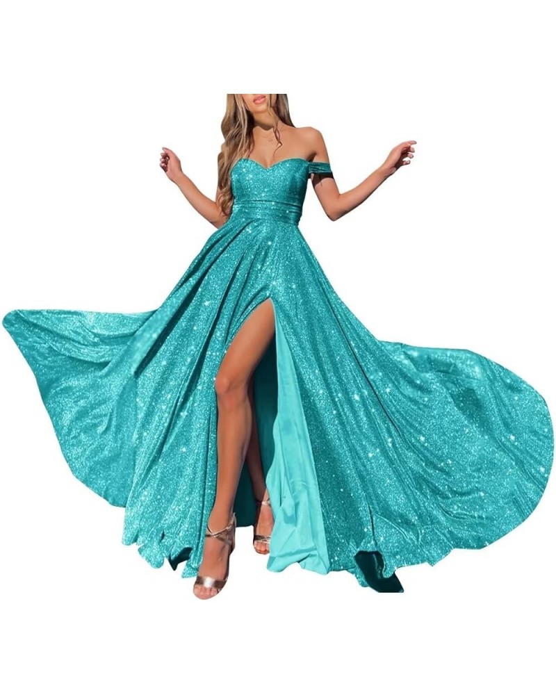 V-Neck Sparkly Prom Dresses Off Shoulder A Line Glitter Formal Evening Party Gowns for Women Turquoise $30.66 Dresses