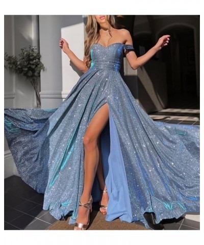 V-Neck Sparkly Prom Dresses Off Shoulder A Line Glitter Formal Evening Party Gowns for Women Turquoise $30.66 Dresses