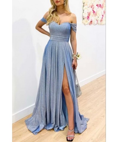 V-Neck Sparkly Prom Dresses Off Shoulder A Line Glitter Formal Evening Party Gowns for Women Turquoise $30.66 Dresses