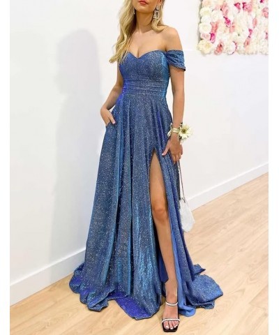 V-Neck Sparkly Prom Dresses Off Shoulder A Line Glitter Formal Evening Party Gowns for Women Turquoise $30.66 Dresses