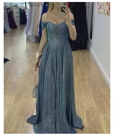 V-Neck Sparkly Prom Dresses Off Shoulder A Line Glitter Formal Evening Party Gowns for Women Turquoise $30.66 Dresses