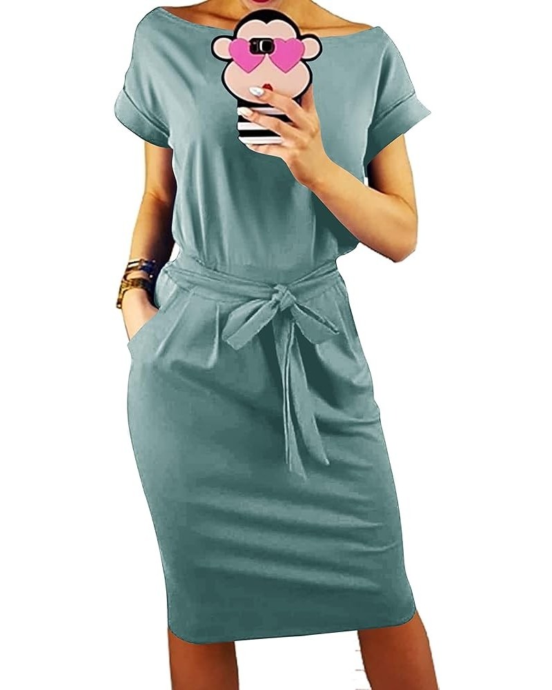 Women's Summer Short Sleeve Crewneck Striped Dress Basic Solid Tie Waist Office T Shirt Dresses Pockets Grey Green $17.71 Dre...