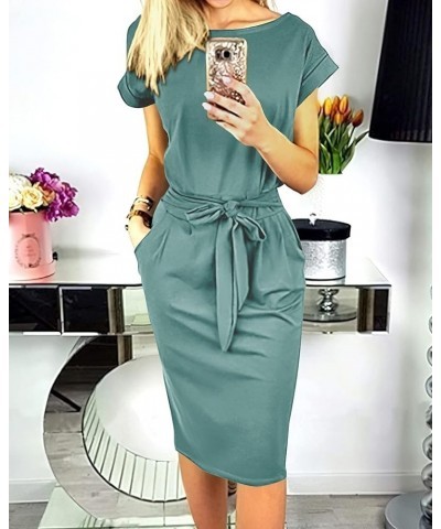 Women's Summer Short Sleeve Crewneck Striped Dress Basic Solid Tie Waist Office T Shirt Dresses Pockets Grey Green $17.71 Dre...