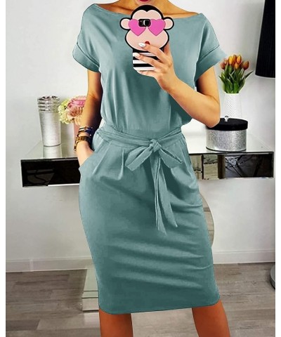 Women's Summer Short Sleeve Crewneck Striped Dress Basic Solid Tie Waist Office T Shirt Dresses Pockets Grey Green $17.71 Dre...