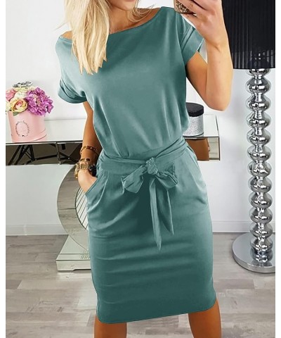 Women's Summer Short Sleeve Crewneck Striped Dress Basic Solid Tie Waist Office T Shirt Dresses Pockets Grey Green $17.71 Dre...