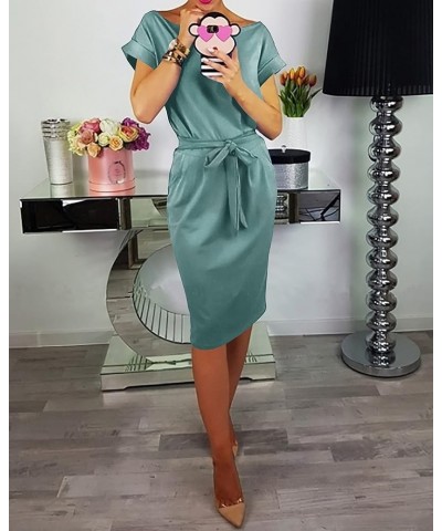 Women's Summer Short Sleeve Crewneck Striped Dress Basic Solid Tie Waist Office T Shirt Dresses Pockets Grey Green $17.71 Dre...