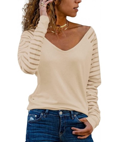 Womens Long/Short Sleeve V Neck T-Shirt Striped Sheer Mesh Raglan Tees Loose Casual Tops Apricot $13.49 T-Shirts