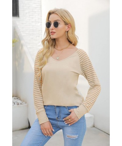 Womens Long/Short Sleeve V Neck T-Shirt Striped Sheer Mesh Raglan Tees Loose Casual Tops Apricot $13.49 T-Shirts