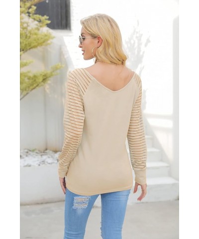 Womens Long/Short Sleeve V Neck T-Shirt Striped Sheer Mesh Raglan Tees Loose Casual Tops Apricot $13.49 T-Shirts