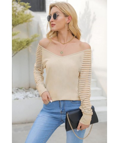 Womens Long/Short Sleeve V Neck T-Shirt Striped Sheer Mesh Raglan Tees Loose Casual Tops Apricot $13.49 T-Shirts