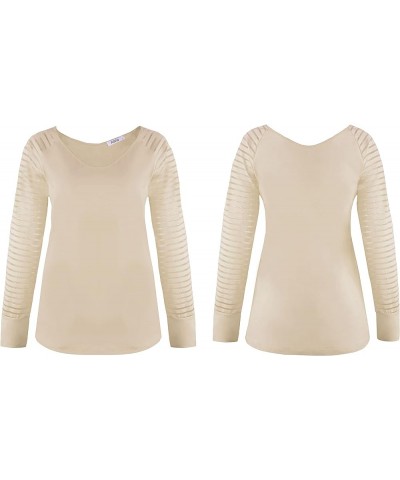 Womens Long/Short Sleeve V Neck T-Shirt Striped Sheer Mesh Raglan Tees Loose Casual Tops Apricot $13.49 T-Shirts