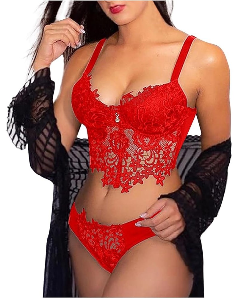 Women Sexy Lingerie Set Lace Embroidery Sling High Waist Deep V Sleepwear Bra Matching Panty Set 2 Piece Sleepwear Red $4.58 ...