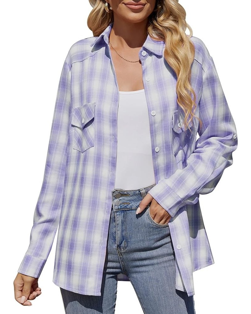 Womens Flannel Shirts Roll Up Long Sleeve Plaid Shirt Collared Button Down Gingham Casual Top S-4XL 1 Light Blue $19.19 Blouses