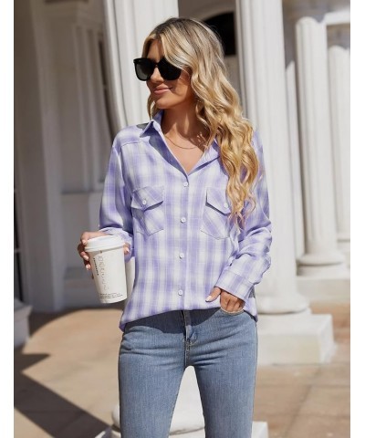 Womens Flannel Shirts Roll Up Long Sleeve Plaid Shirt Collared Button Down Gingham Casual Top S-4XL 1 Light Blue $19.19 Blouses