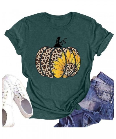 Halloween Pumpkin Shirt Women Leopard Graphic Tees Short Sleeve Fall T-Shirt Thanksgiving Gift Tops Green $13.19 T-Shirts