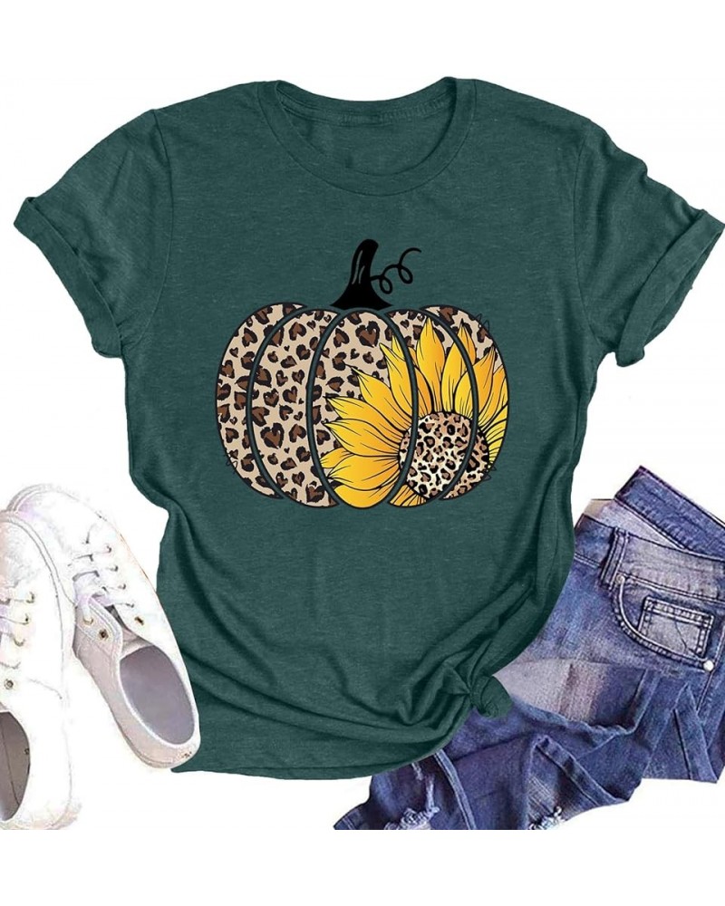 Halloween Pumpkin Shirt Women Leopard Graphic Tees Short Sleeve Fall T-Shirt Thanksgiving Gift Tops Green $13.19 T-Shirts