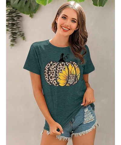 Halloween Pumpkin Shirt Women Leopard Graphic Tees Short Sleeve Fall T-Shirt Thanksgiving Gift Tops Green $13.19 T-Shirts