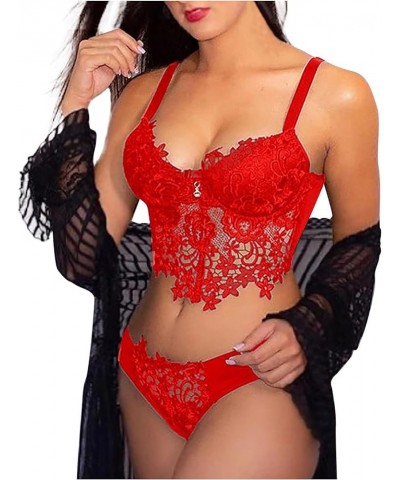 Women Sexy Lingerie Set Lace Embroidery Sling High Waist Deep V Sleepwear Bra Matching Panty Set 2 Piece Sleepwear Red $4.58 ...