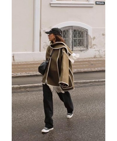 Women's Scarf Jacket Embroidered Oversized Crewneck Button Down Wool Blend Coat with Pockets Army Green $18.04 Coats