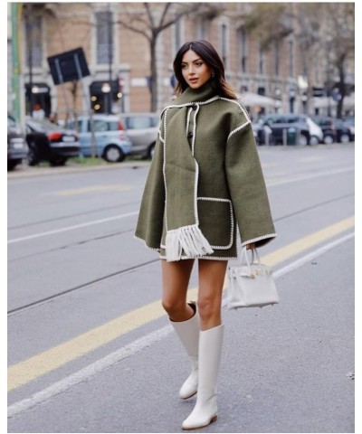 Women's Scarf Jacket Embroidered Oversized Crewneck Button Down Wool Blend Coat with Pockets Army Green $18.04 Coats