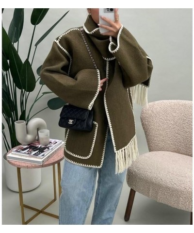 Women's Scarf Jacket Embroidered Oversized Crewneck Button Down Wool Blend Coat with Pockets Army Green $18.04 Coats