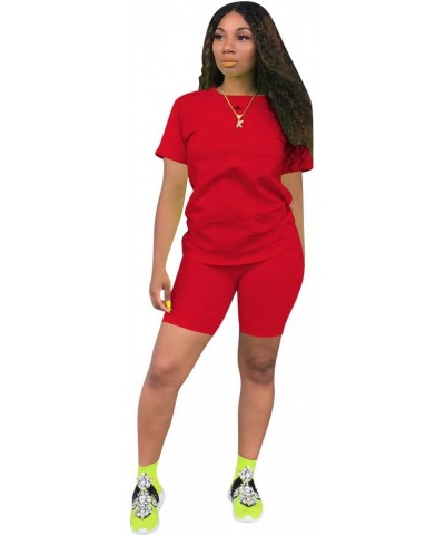 Womens Two Piece Outfits Bodycon Tracksuit Sweatsuits Print Jogger Biker Workout Lounge Pajamas Shorts Pant Set All Red $11.9...