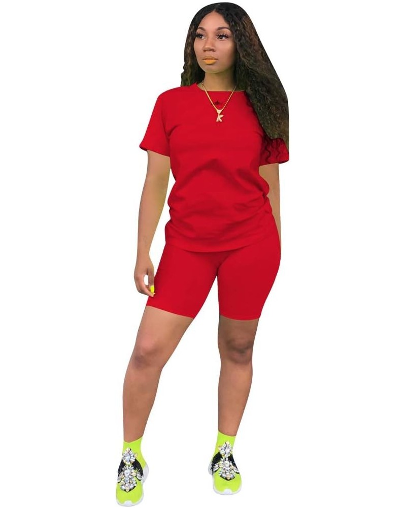 Womens Two Piece Outfits Bodycon Tracksuit Sweatsuits Print Jogger Biker Workout Lounge Pajamas Shorts Pant Set All Red $11.9...