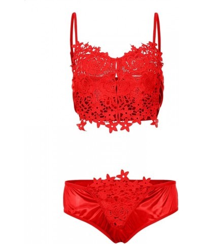 Women Sexy Lingerie Set Lace Embroidery Sling High Waist Deep V Sleepwear Bra Matching Panty Set 2 Piece Sleepwear Red $4.58 ...