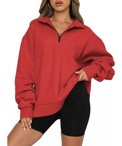 Women Half Zip Oversized Sweatshirts Long Sleeve Solid Color Drop Shoulder Fleece Workout Pullover S-2XL Zip Red $17.92 Hoodi...