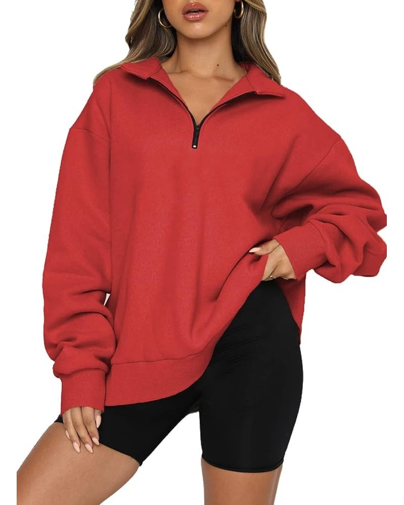 Women Half Zip Oversized Sweatshirts Long Sleeve Solid Color Drop Shoulder Fleece Workout Pullover S-2XL Zip Red $17.92 Hoodi...