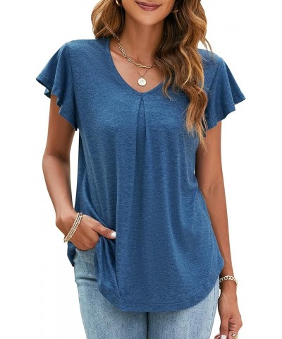 Women's Ruffle Short Sleeve Tops V Neck T-Shirts Solid Color Blouse Casual Summer Tunic Tops Deep Blue $12.04 Tops