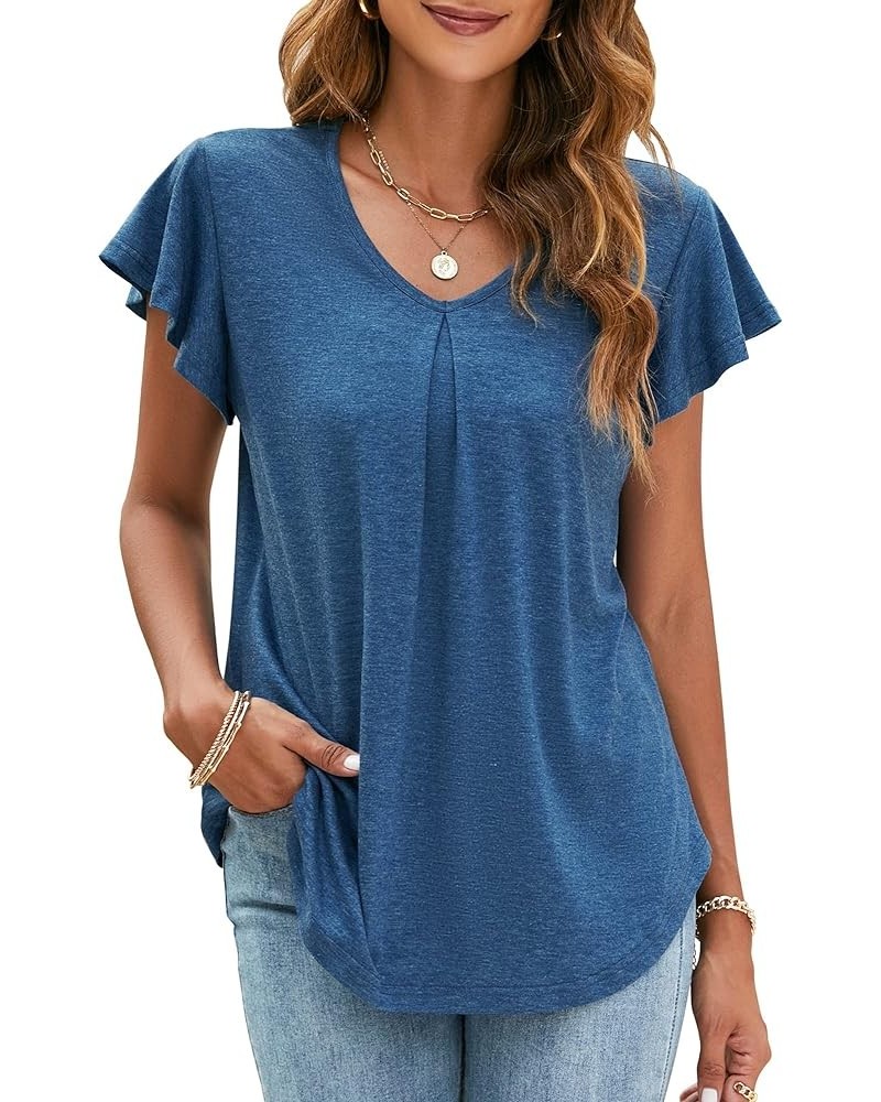 Women's Ruffle Short Sleeve Tops V Neck T-Shirts Solid Color Blouse Casual Summer Tunic Tops Deep Blue $12.04 Tops