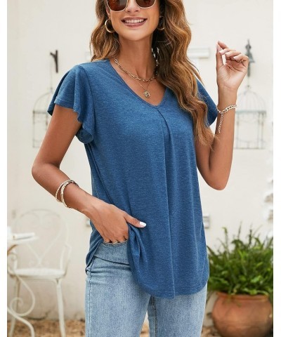 Women's Ruffle Short Sleeve Tops V Neck T-Shirts Solid Color Blouse Casual Summer Tunic Tops Deep Blue $12.04 Tops