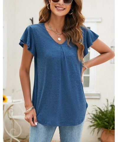 Women's Ruffle Short Sleeve Tops V Neck T-Shirts Solid Color Blouse Casual Summer Tunic Tops Deep Blue $12.04 Tops