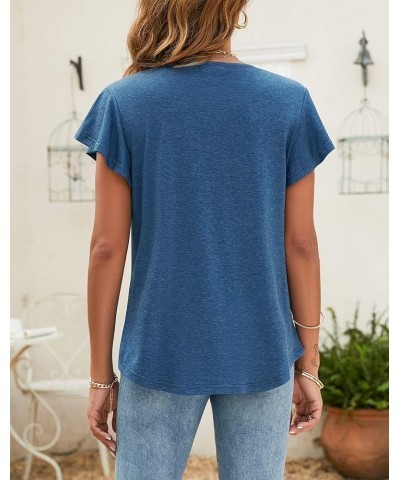 Women's Ruffle Short Sleeve Tops V Neck T-Shirts Solid Color Blouse Casual Summer Tunic Tops Deep Blue $12.04 Tops