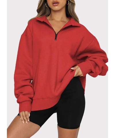 Women Half Zip Oversized Sweatshirts Long Sleeve Solid Color Drop Shoulder Fleece Workout Pullover S-2XL Zip Red $17.92 Hoodi...