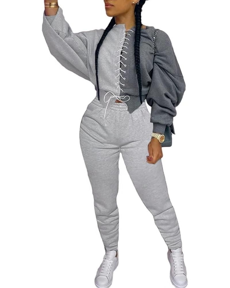 Women Sexy 2 Piece Outfits Long Sleeve Color Block Hoodies Sweatshirt Bodycon Ruched Long Pants Tracksuit Set D-light Grey&da...