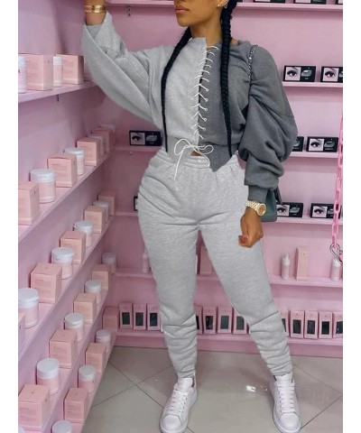 Women Sexy 2 Piece Outfits Long Sleeve Color Block Hoodies Sweatshirt Bodycon Ruched Long Pants Tracksuit Set D-light Grey&da...