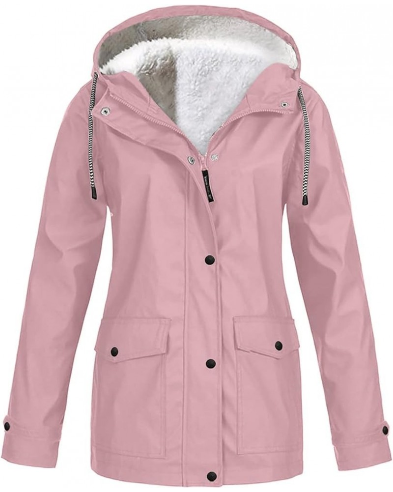 Women's Lined Fleece Rain Jacket Winter Outdoor Waterproof Hooded Raincoat Ladies Snow Warm Ski Jackets Solid Color Pink $13....