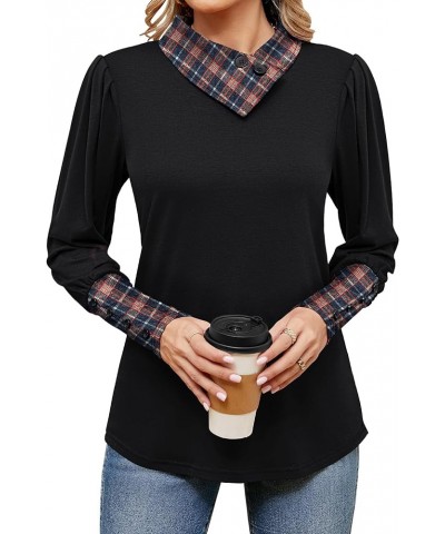 Women’s 2024 Fashion Puff Long Sleeve Shirts Button Cowl Neck Tops Tunics Wear with Leggings Plaid Navy Blue $12.99 Tops